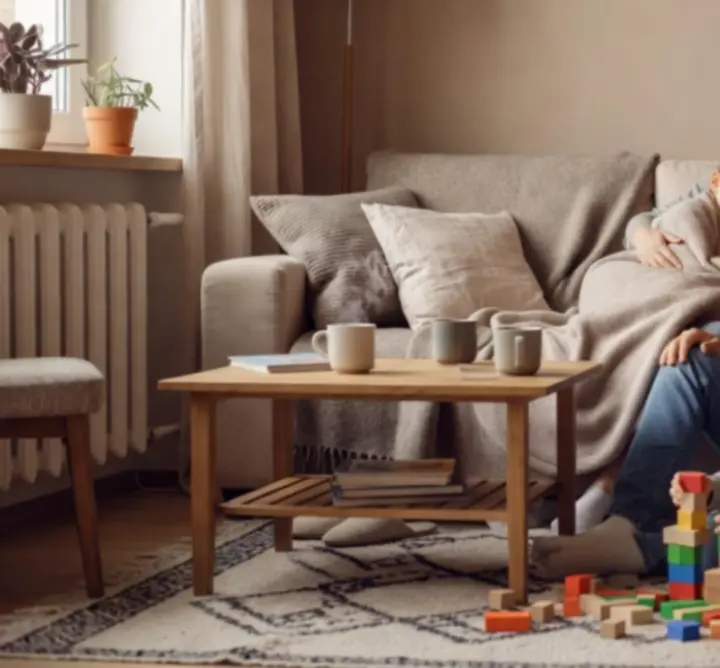 Rodzinna scena w przytulnym, domowym wnętrzu