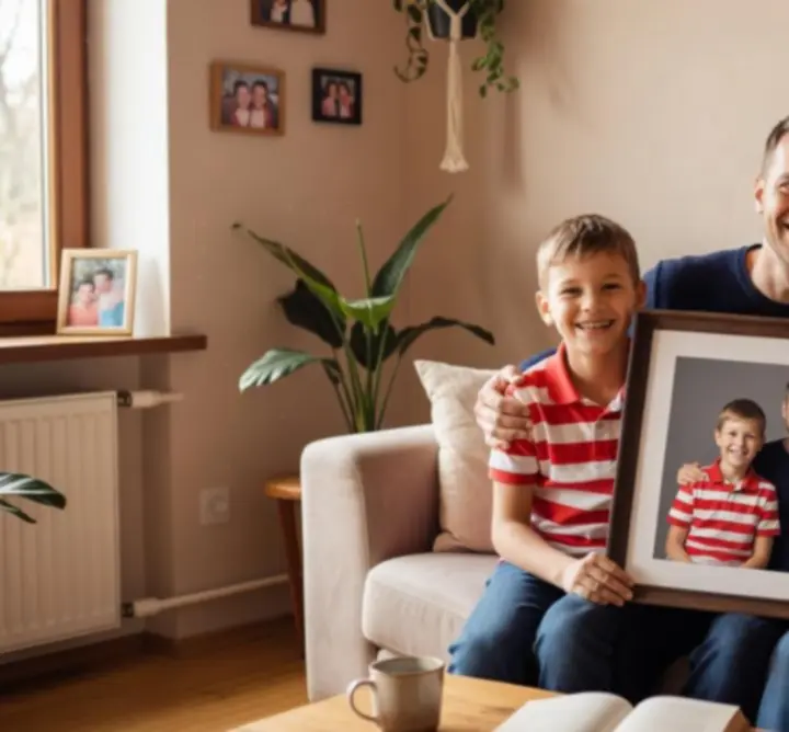 Uśmiechnięta rodzina trzymająca wydrukowane zdjęcia z sesji